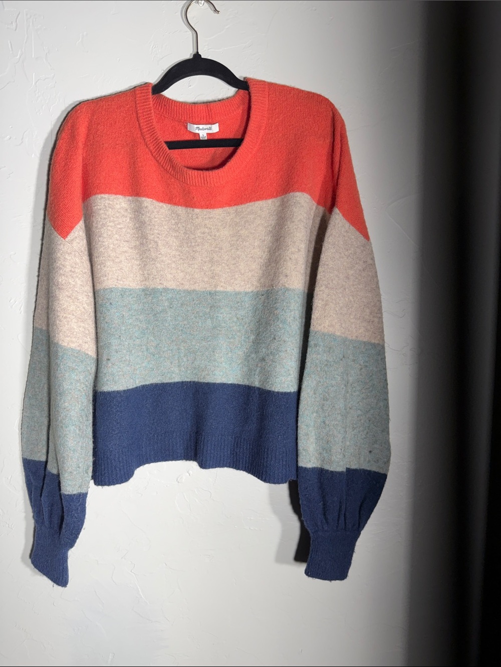 Madewell Coral, Cream & Blue Striped Crewneck
